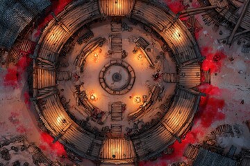 	
Top-down view of a circular wooden battle arena with staircases, torches, and a bloodstained dirt floor, evoking a gritty fantasy combat setting or ancient gladiator pit	
