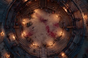 	
Top-down view of a circular wooden battle arena with staircases, torches, and a bloodstained dirt floor, evoking a gritty fantasy combat setting or ancient gladiator pit	
