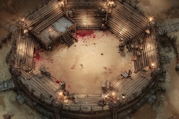 	
Top-down view of a circular wooden battle arena with staircases, torches, and a bloodstained dirt floor, evoking a gritty fantasy combat setting or ancient gladiator pit	
