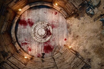 	
Top-down view of a circular wooden battle arena with staircases, torches, and a bloodstained dirt floor, evoking a gritty fantasy combat setting or ancient gladiator pit	
