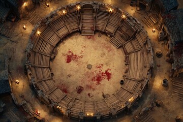	
Top-down view of a circular wooden battle arena with staircases, torches, and a bloodstained dirt floor, evoking a gritty fantasy combat setting or ancient gladiator pit	

