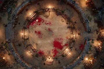 	
Top-down view of a circular wooden battle arena with staircases, torches, and a bloodstained dirt floor, evoking a gritty fantasy combat setting or ancient gladiator pit	
