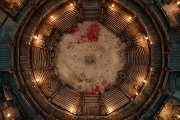 	
Top-down view of a circular wooden battle arena with staircases, torches, and a bloodstained dirt floor, evoking a gritty fantasy combat setting or ancient gladiator pit	
