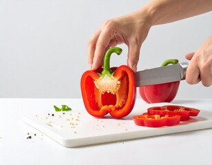 Close-up of finely ground paprika, showcasing its beautiful texture ideal for themes of seasoning, cooking, and gourmet ingredients. Paprika in white background, washing and cutting paprika 