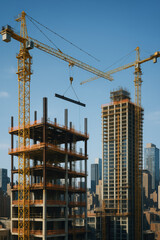 Construction development architecture and engineering shape urban growth with tower cranes lifting steel beams
