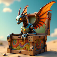 Steampunk Dragon in a Treasure Chest on the Beach