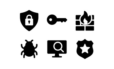 Cybersecurity icons set with shield, key, firewall, bug, monitor, and badge