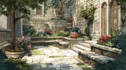 Obraz premium Courtyard sloping into asymmetrical terraces, stone benches lined with carved glyphs and flowering plants. Illustration