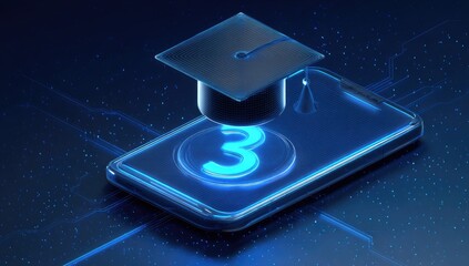 Smartphone with graduation cap and glowing number three, digital