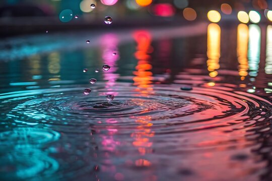 Water surface ripples with falling droplets and colorful reflections bokeh image
