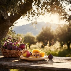 Basket of fresh fruits and honeycombs on a wooden table in garden