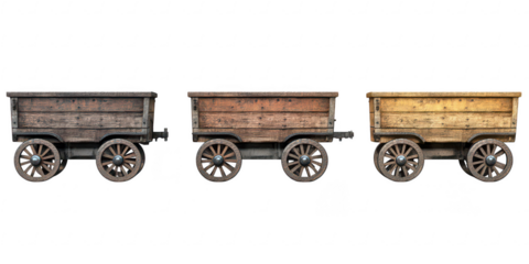 Three wooden carts illustration on transparent png background
