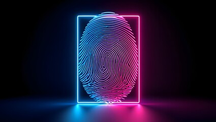 Glowing fingerprint inside a neon square frame with blue and pink lights on a dark background
