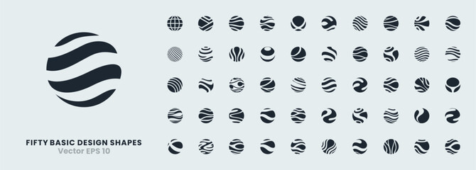 Set of 50 vector icons featuring spheres, globes, and 3D balls in abstract and geometric shapes. Includes patterns, circles, dots, and halftone elements for modern design, web or science illustrations