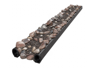 A detailed perspective view of a decorative stone garden drainage system design transparent background