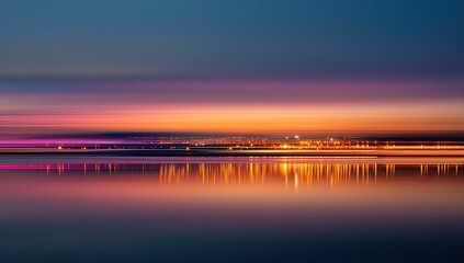 Fototapeta premium City lights reflected on a calm water's edge at sunset