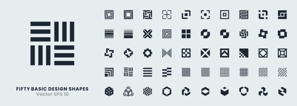 A collection of 50 abstract square based vector icons. Logo, business, and corporate identity. Geometric shapes, symbols, and elements for use in branding, technology, design, and modern concepts.