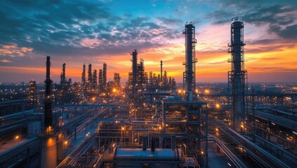 Fototapeta premium Industrial complex at sunset. Vast refinery at dawn