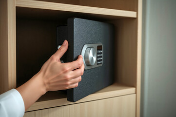 Person's hand opening a secure digital safe in a hotel room for private valuable belongings.