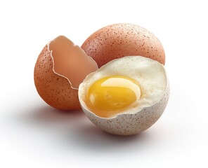 Two whole and half-broken brown eggs on white