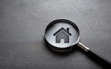 Magnifying glass over house icon on dark gray surface