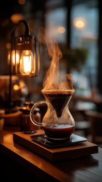 ガラスドリッパーから蒸気立ち上るコーヒーを木製台で抽出するカフェ風景