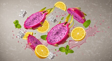 Vibrant dragon fruit halves, lemon slices, and mint leaves suspended with splashes.