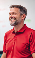Obraz premium Confident smiling middle-aged man in red polo shirt standing indoors.