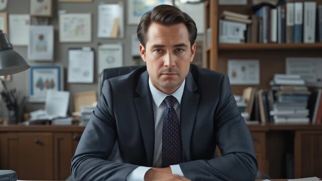 Pensive businessman at desk with documents contemplates office challenges