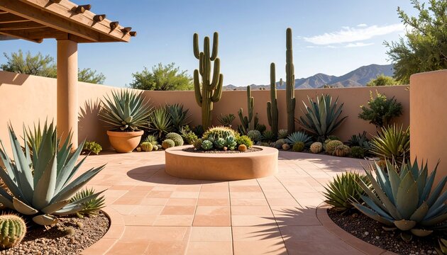A tranquil xeriscape garden featuring a terracotta tiled patio, a central clay podium with succulents, and saguaro cacti.