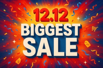 Festive promotional graphic featuring bold "12.12 Biggest Sale" text with vibrant confetti and shopping symbols, ideal for marketing and seasonal sales campaigns.