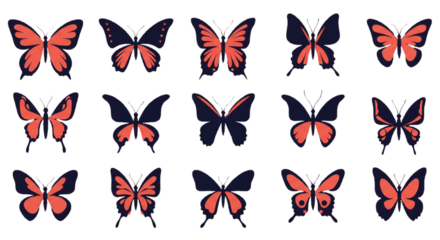 Abstract Vector Illustration Of Coral Butterflies On A Dark Isolated Background