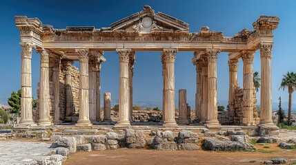 Obraz premium Ancient stone ruins of a temple under a clear blue sky.