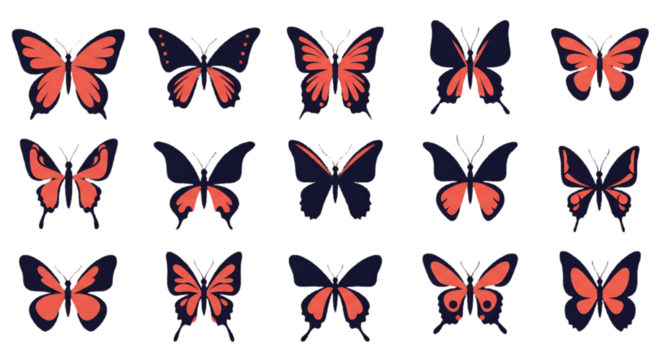 Abstract Vector Illustration Of Coral Butterflies On A Dark Isolated Background
