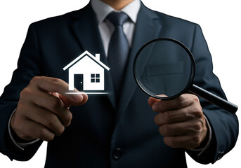 Businessman Inspects House with Magnifying Glass Illustration on Transparent Background