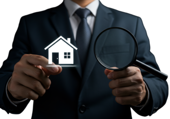 Businessman Inspects House with Magnifying Glass Illustration on Transparent Background