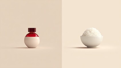 Round, beige bottle with red cap, bowl of white rice.  Beige background