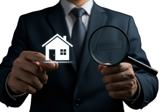 Businessman Inspects House with Magnifying Glass Illustration on Transparent Background - Powered by Adobe
