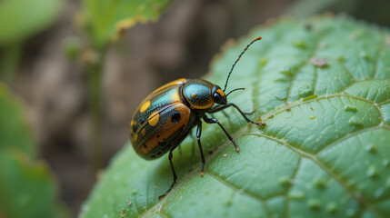 Naklejka premium colorado beetle bug move on potato plant leaves