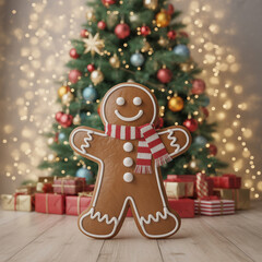 Obraz premium Festive Gingerbread Man Decoration with Christmas Tree and Gifts Holiday Season Celebration at Home