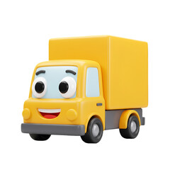 Cartoon 3d Yellow Truck With Smiling Face Isolated on Transparent Background