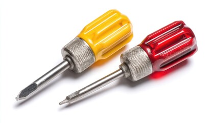 Fototapeta premium Two vintage screwdrivers, yellow and red, lie side-by-side on a white background