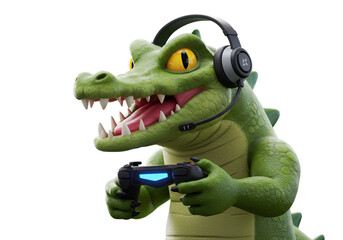 Cartoon 3D Crocodile Gamer Character With Green Headphones And Controller