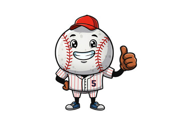 Cartoon Baseball Character Thumbs Up Smiling Wearing Red Cap and White Uniform