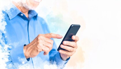 Cybersecurity for seniors watercolor concept. A senior man interacts with a smartphone, illustrating technology use.