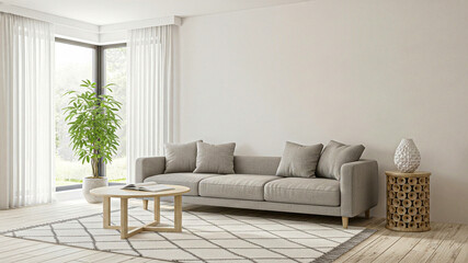 Modern Minimalist Living Room: Neutral Sofa, Wooden Coffee Table, and Natural Light