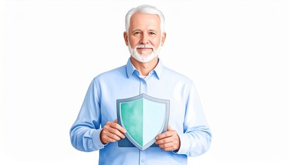 Cybersecurity for seniors watercolor concept. Man holding a shield symbolizing protection and security.