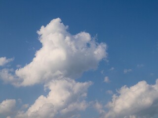 A vibrant blue sky filled with fluffy, white cumulus clouds, creating a serene and picturesque scene. A small bird is faintly visible, adding a touch of life to the tranquil atmosphere.