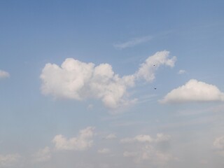 A vibrant blue sky filled with fluffy, white cumulus clouds, creating a serene and picturesque scene. A small bird is faintly visible, adding a touch of life to the tranquil atmosphere.