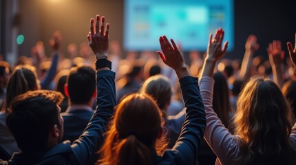 Professional conference audience with raised hands asking questions during business presentation